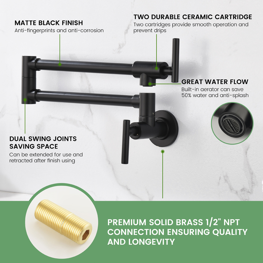 Wholesale cold water tap pot filler faucet wall mount folding brass matte black sink kitchen faucet