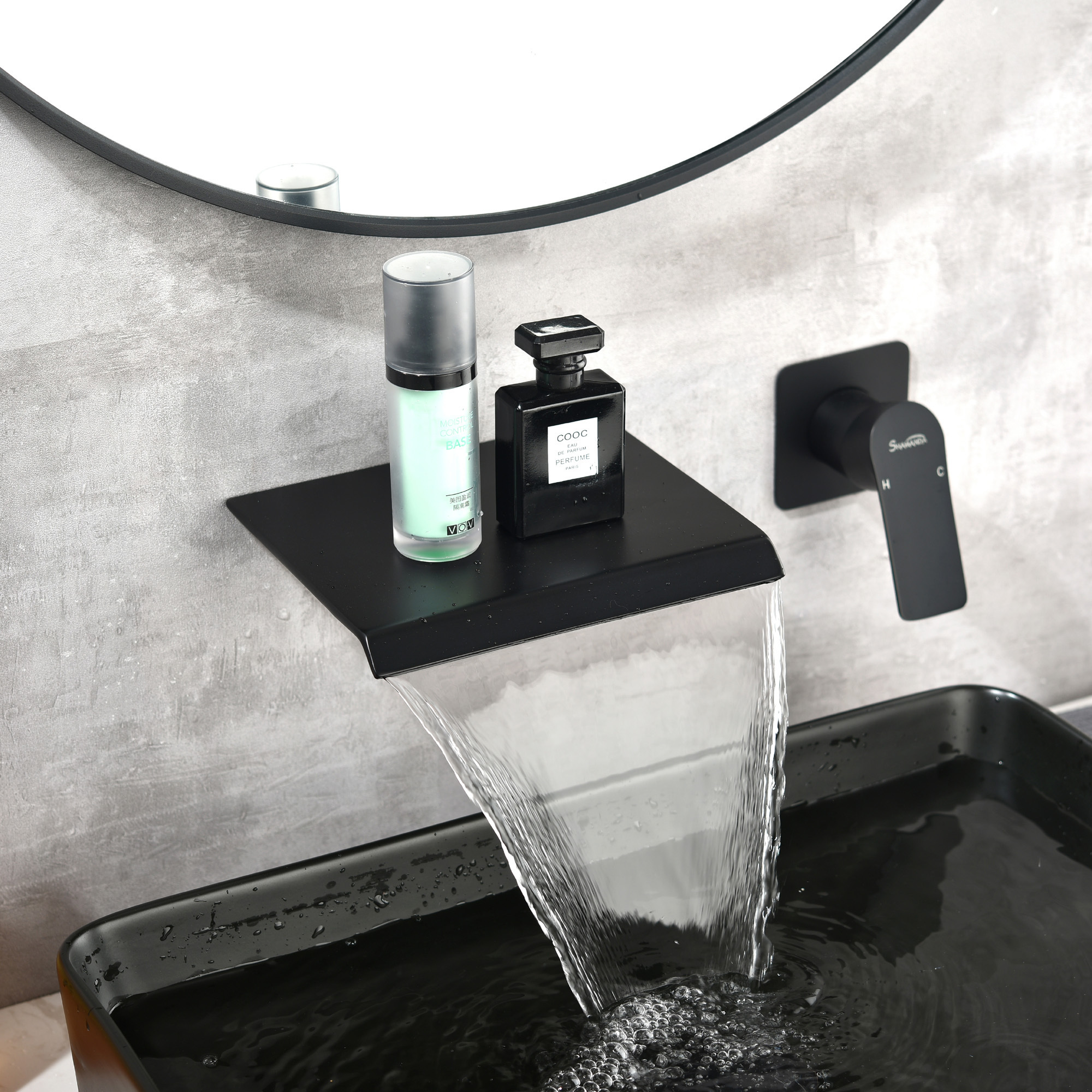 Hot and cold mixer matte black wall mounted bathroom faucet single lever two holes waterfall bathroom sink faucets