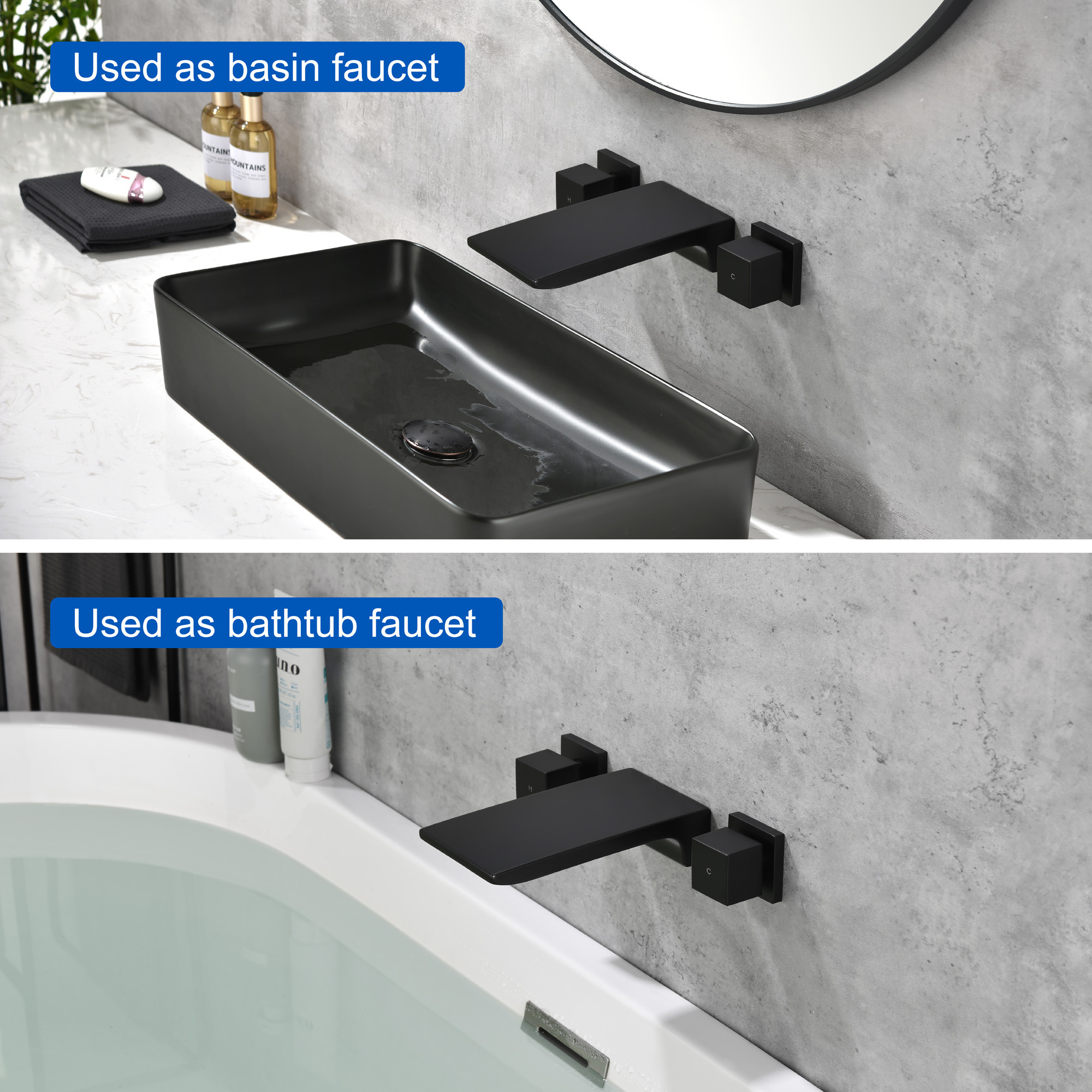 Modern matte black wall mounted concealed waterfall bathroom brass basin faucets double handle 3 hole bathroom sink faucet