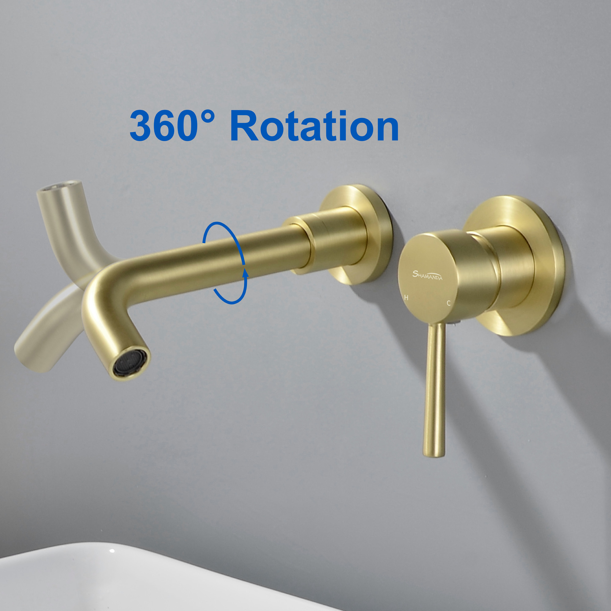 Luxury brushed gold brass hot and cold bathroom faucets two holes concealed wall mounted faucets for bathroom sink