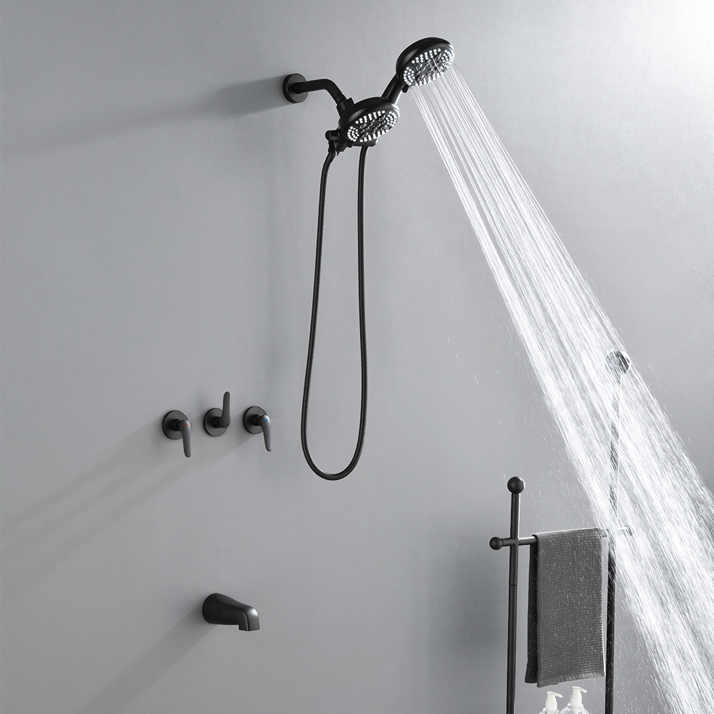 High pressure shower tub kit 3 handle wall mounted concealed shower faucet with valve and tub spout