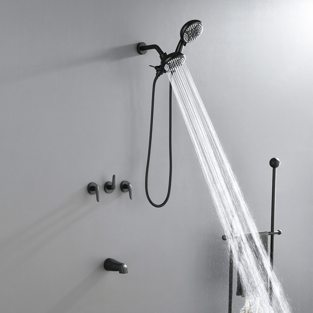 High pressure shower tub kit 3 handle wall mounted concealed shower faucet with valve and tub spout