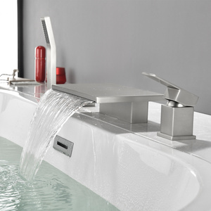 Bathroom 2 functions waterfall deck mount hot cold water mixer bath tub faucet four holes brushed bathtub faucet