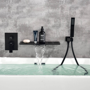 Factory design matte black waterfall bathroom bathtub water mixer concealed wall mounted bath tub faucet with hand shower