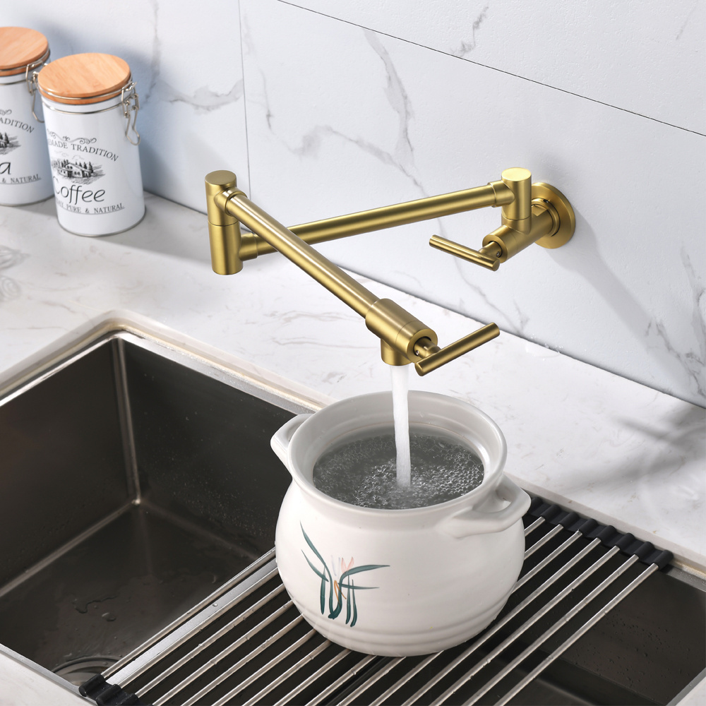 Pot filler faucet solid brass folding single hole brushed gold wall mount kitchen faucet with cold water