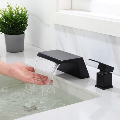 Modern deck mounted single handle matte black bathroom sink faucet 2 hole waterfall wash basin faucet for bathroom