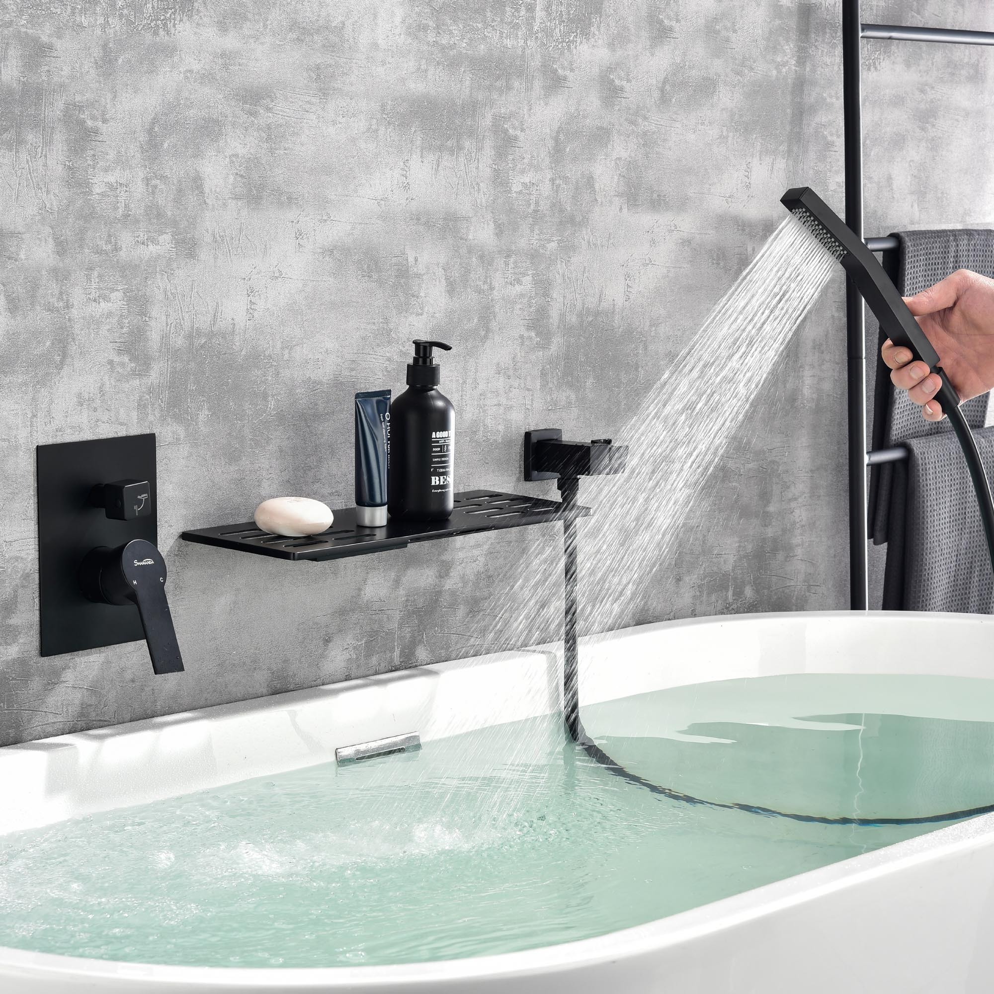 Factory design matte black waterfall bathroom bathtub water mixer concealed wall mounted bath tub faucet with hand shower