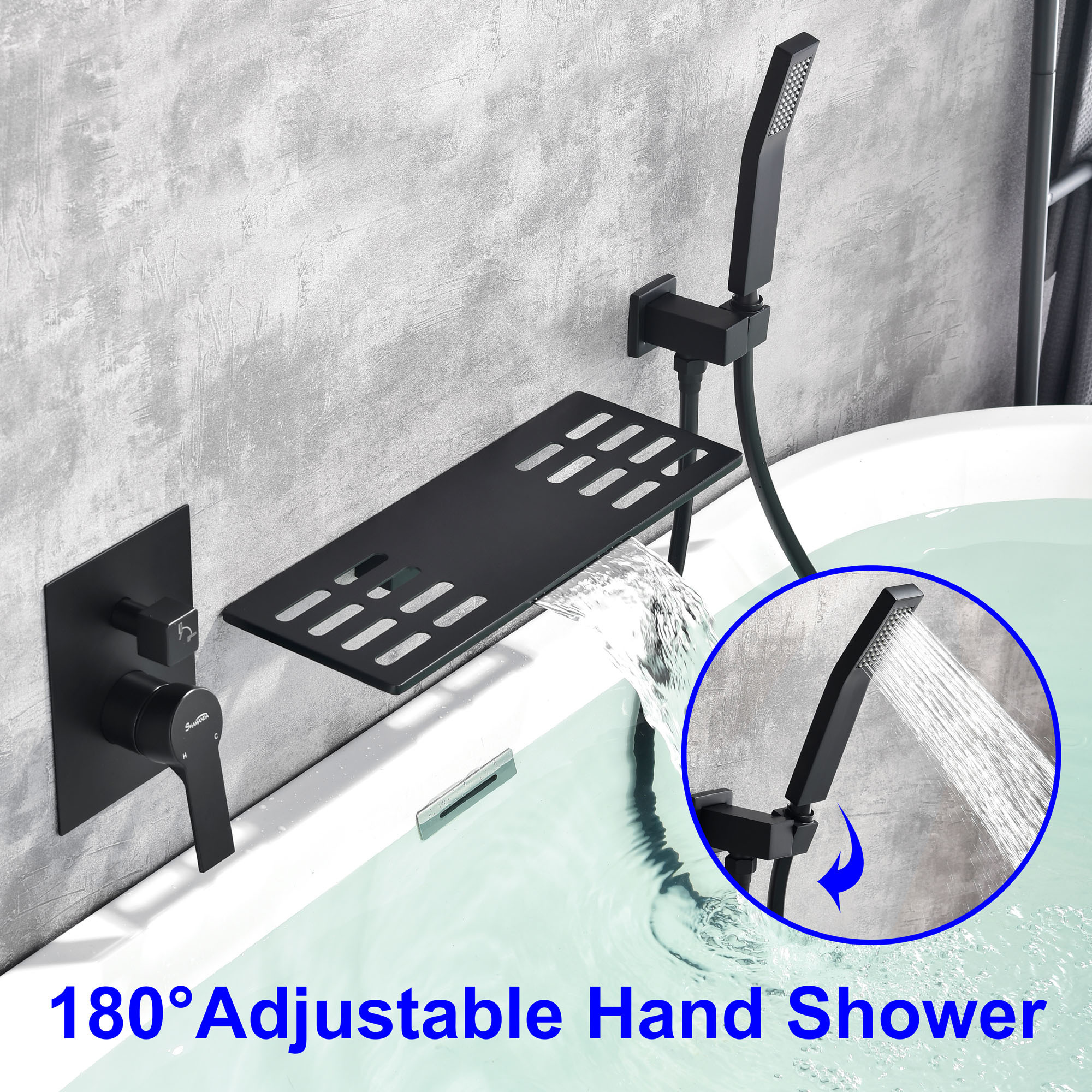 Factory design matte black waterfall bathroom bathtub water mixer concealed wall mounted bath tub faucet with hand shower