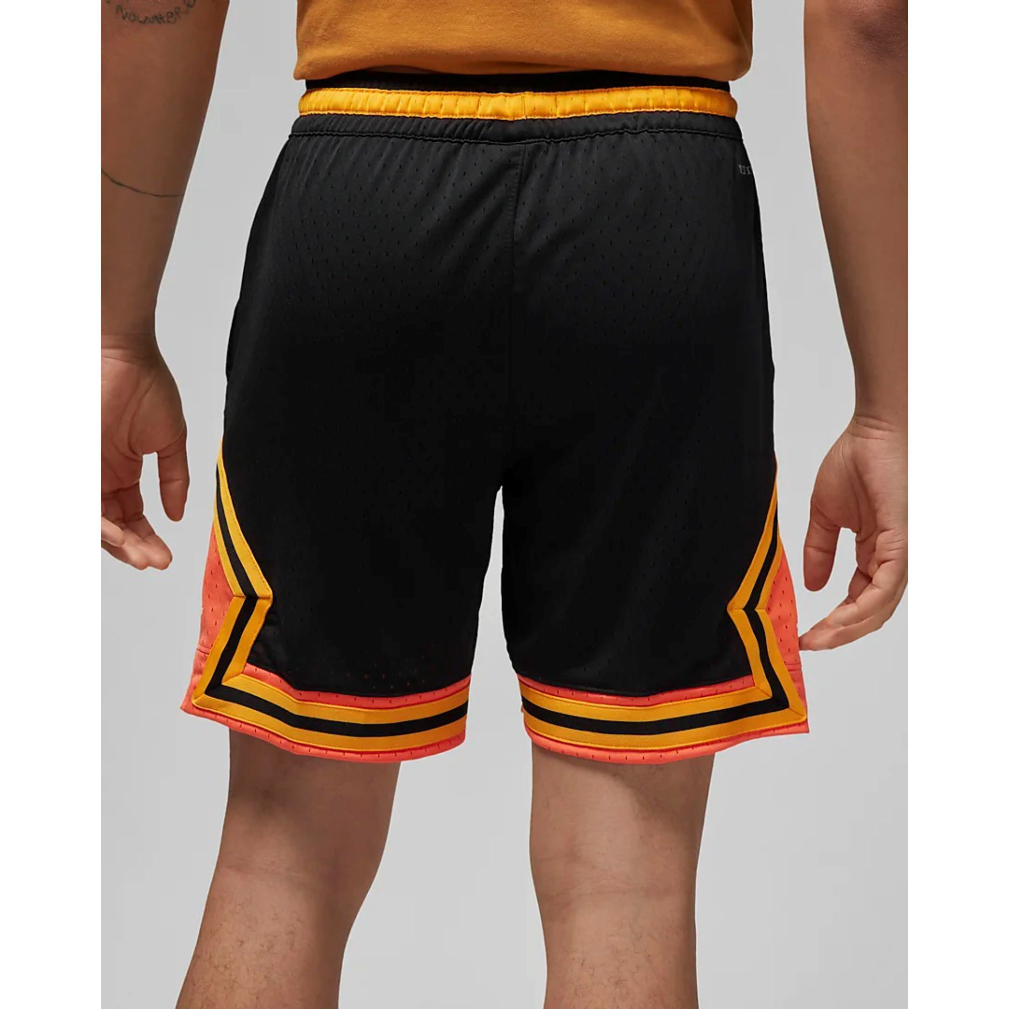 Dry and Comfortable 100% Polyester Mesh Black & Turf Orange Mens Diamond Shorts with Elastic Waistband and Striped Knit Tape