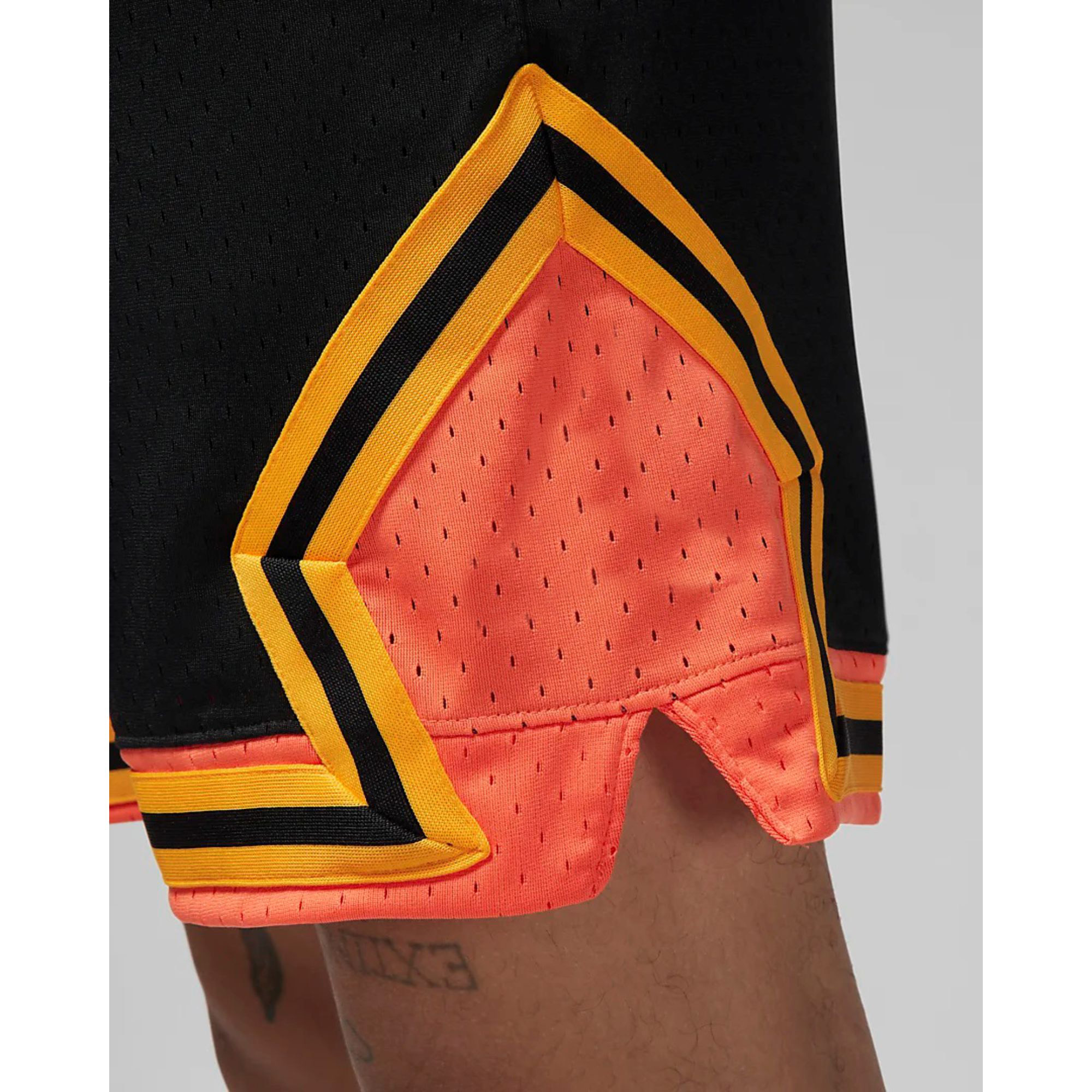 Dry and Comfortable 100% Polyester Mesh Black & Turf Orange Mens Diamond Shorts with Elastic Waistband and Striped Knit Tape