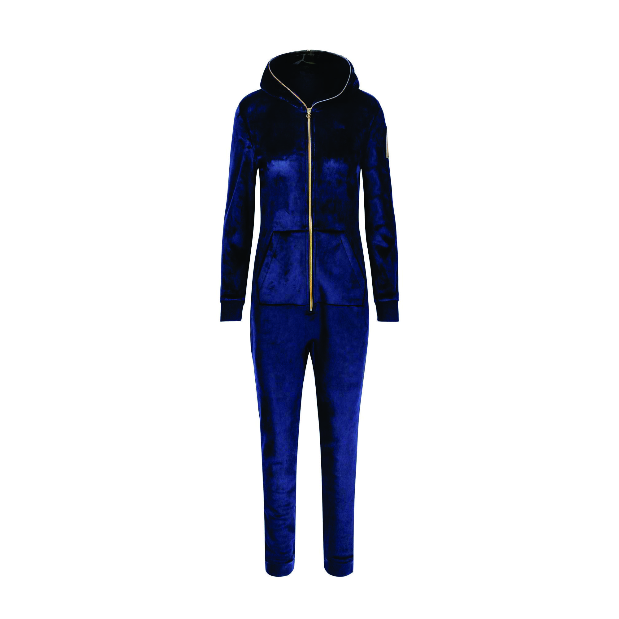 100% Polyester One Way Zipper Opening Front Kangaroo Pocket Navy Women Alps Soft Velvet Fitted Jumpsuit