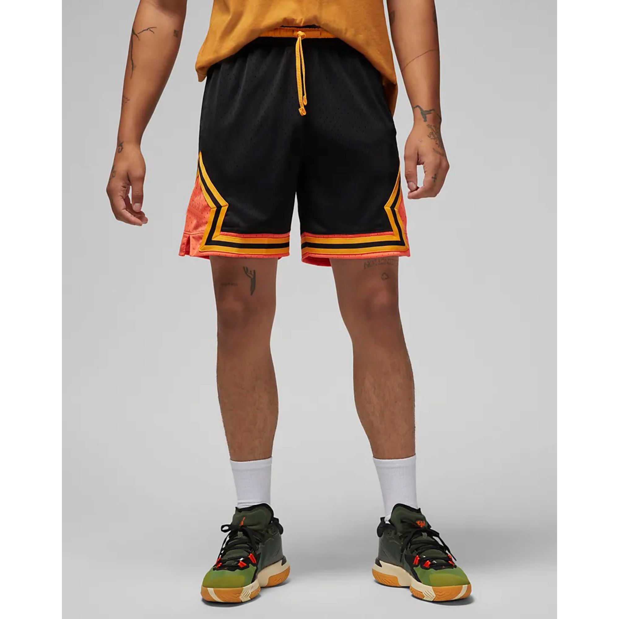 Dry and Comfortable 100% Polyester Mesh Black & Turf Orange Mens Diamond Shorts with Elastic Waistband and Striped Knit Tape