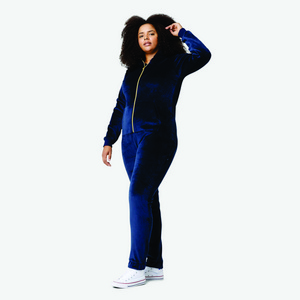 100% Polyester One Way Zipper Opening Front Kangaroo Pocket Navy Women Alps Soft Velvet Fitted Jumpsuit