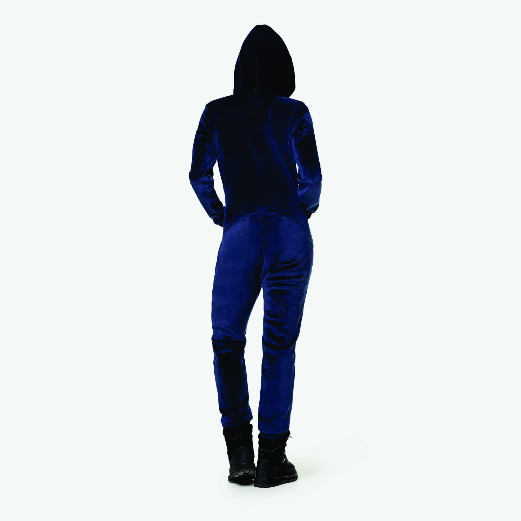 100% Polyester One Way Zipper Opening Front Kangaroo Pocket Navy Women Alps Soft Velvet Fitted Jumpsuit