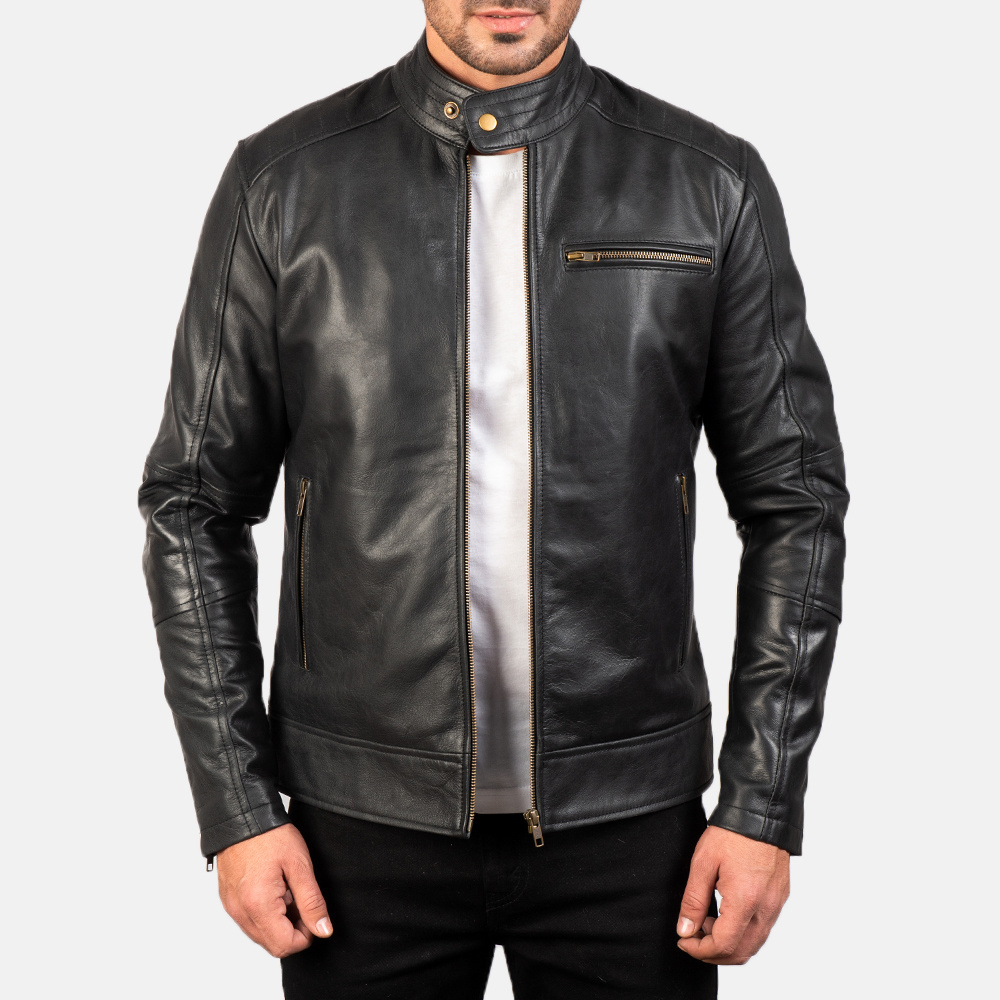 Real Leather Sheepskin Aniline Zipper Dean Black Biker Jacket with Quilted Viscose Lining and Inside Outside Pockets