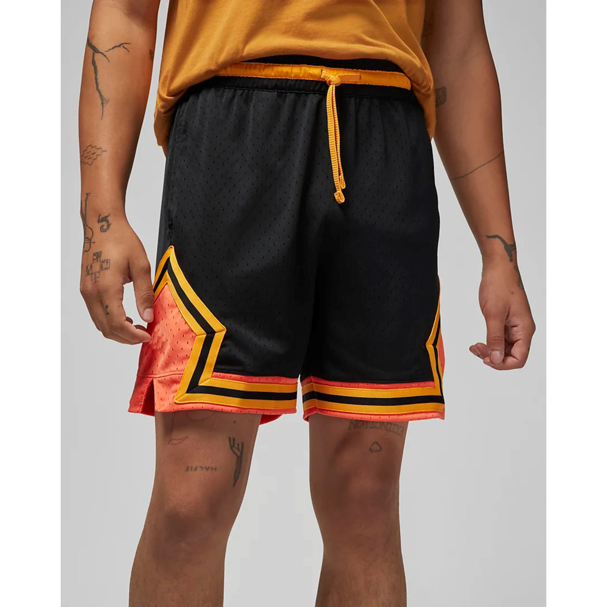 Dry and Comfortable 100% Polyester Mesh Black & Turf Orange Mens Diamond Shorts with Elastic Waistband and Striped Knit Tape