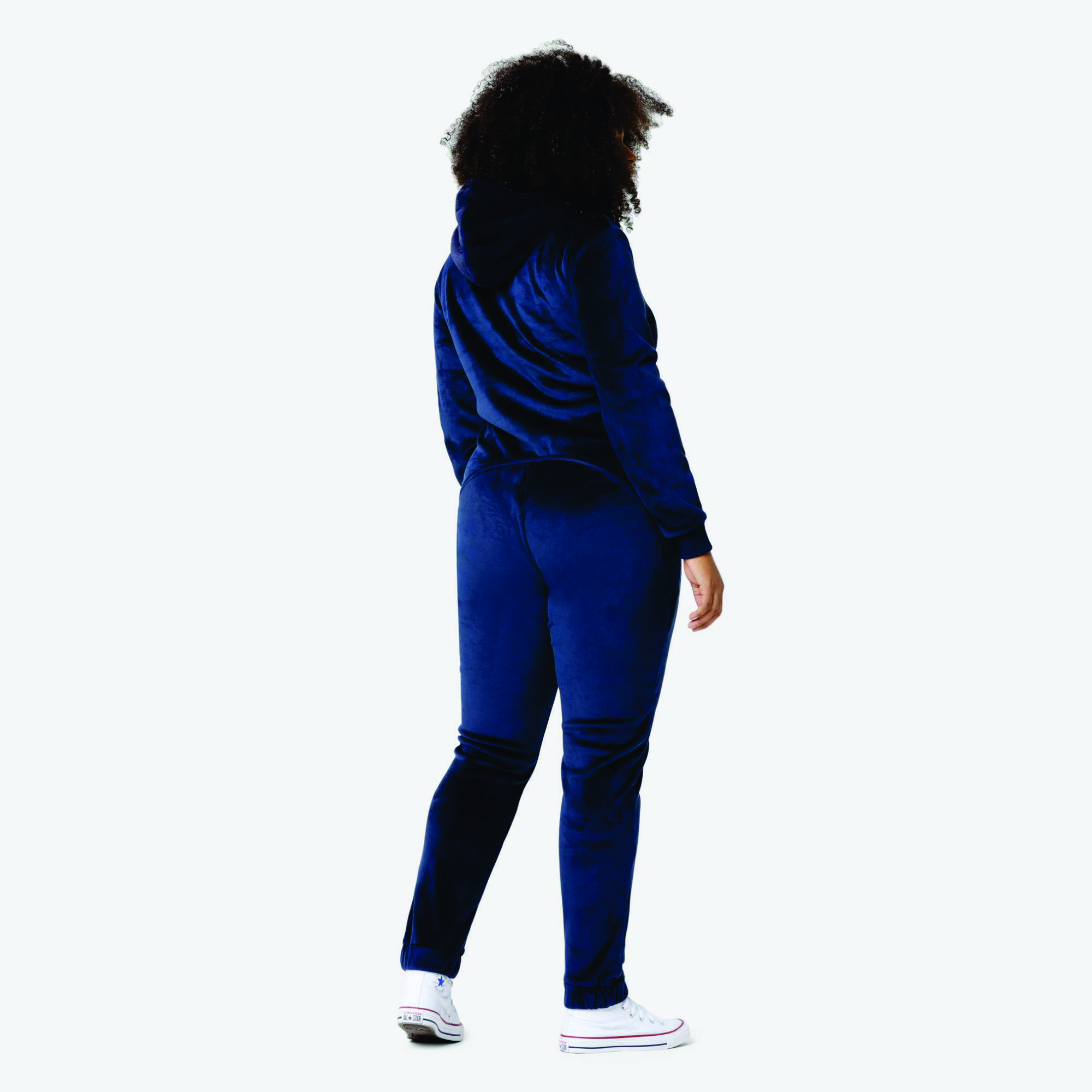 100% Polyester One Way Zipper Opening Front Kangaroo Pocket Navy Women Alps Soft Velvet Fitted Jumpsuit