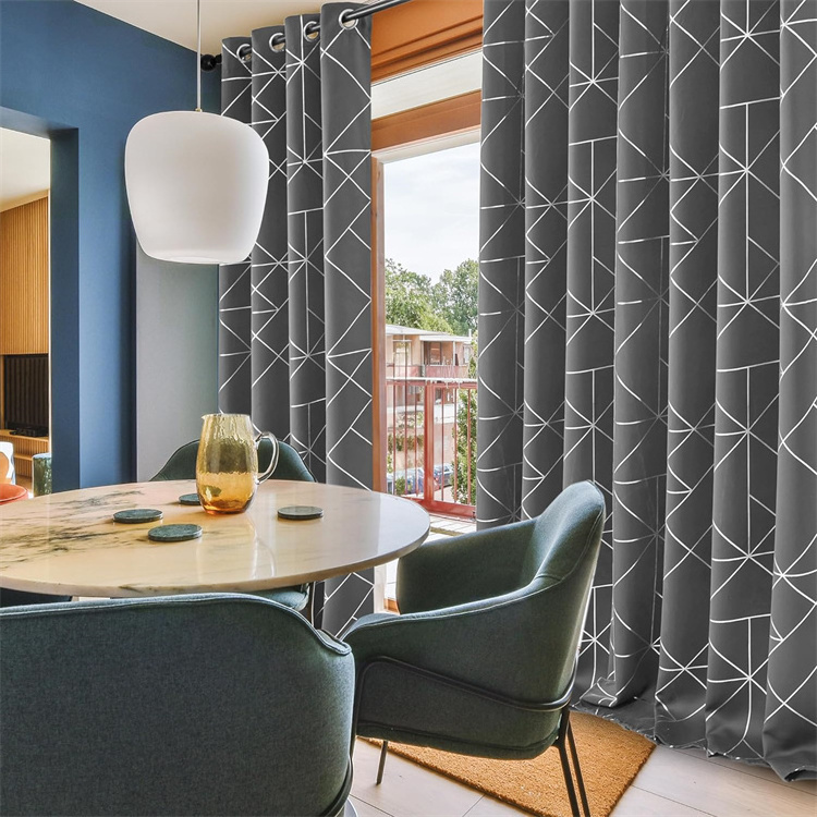 Grey Blackout Curtain Silver Geometric Pattern Sliding Door Light Blocking Drapes Thermal Window Curtain for Bedroom Living Room