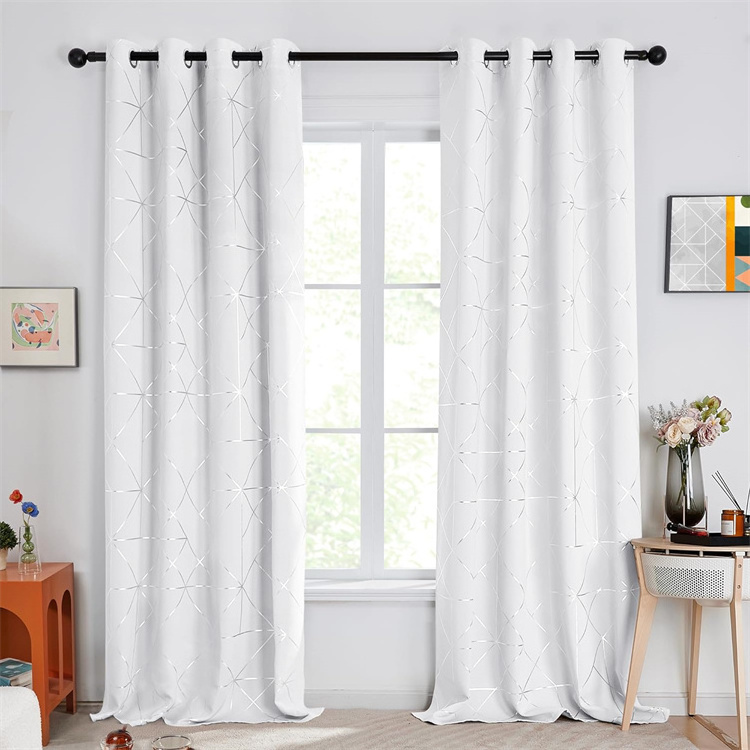 Grey Blackout Curtain Silver Geometric Pattern Sliding Door Light Blocking Drapes Thermal Window Curtain for Bedroom Living Room