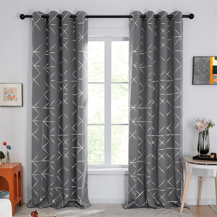 Grey Blackout Curtain Silver Geometric Pattern Sliding Door Light Blocking Drapes Thermal Window Curtain for Bedroom Living Room