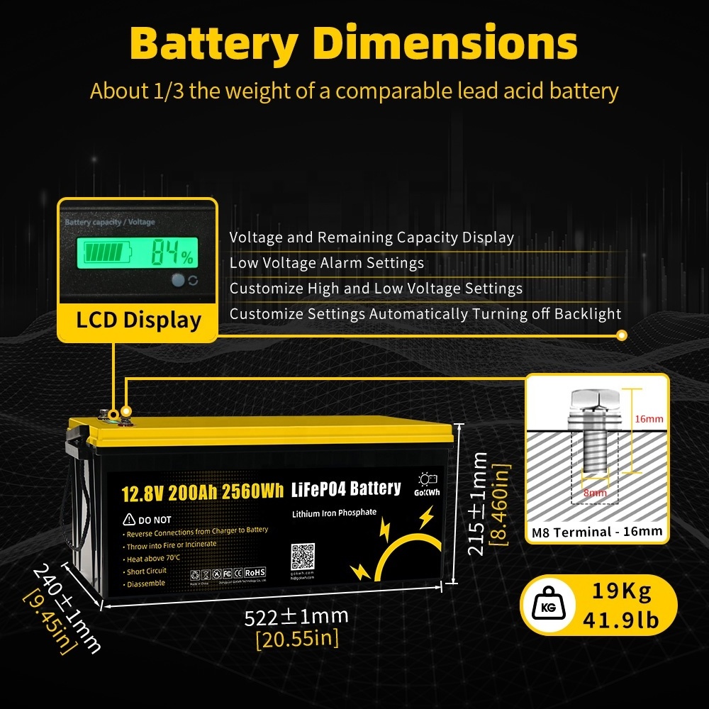 GoKWh LCD Display 12V 24V 100Ah 200Ah Lithium Solar Lifepo4 Battery Pack for Solar Home Energy Storage