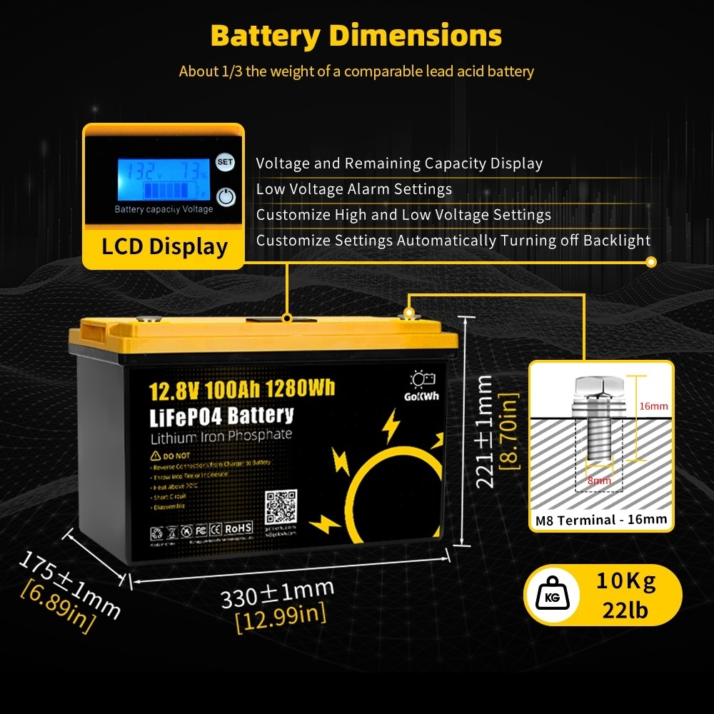 GoKWh Lithium 12V 24V 100Ah 200Ah Lifepo4 Battery with BMS for Power Backup RV Caravan Marine Trolling