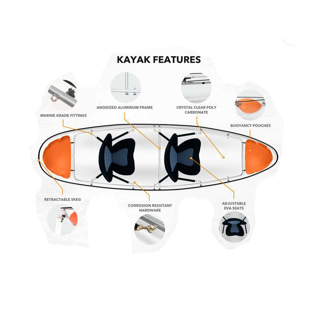 Cheapest Transparent clear glass bottom crystal kayak 2 person canoe kayak with led for sale