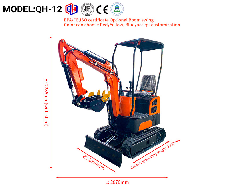 Hydraulic Excavator Mini Excavators Small Crawler Digger CE EPA China 1 ton 1.2 ton earth-moving excavator with swing boom