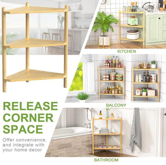 3 Tier Bamboo Shower Corner Shelves Free Stand Storage Shelf Small Corner Shelf Countertop Organizer Rack