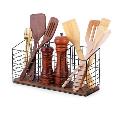 Large Black Metal Cooking Utensil Organizer Countertop Utensil Crock with Wooden Base Spatula Holder Farmhouse Utensil Caddy