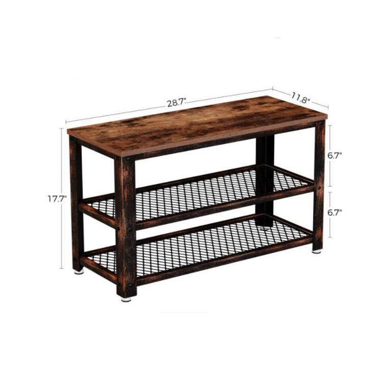 Rustic Brown Shoe Bench 3-Tier Shoe Rack Storage Entry Bench with Mesh Shelves Foyer Bench Wood Seat