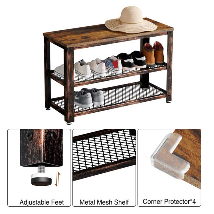 Rustic Brown Shoe Bench 3-Tier Shoe Rack Storage Entry Bench with Mesh Shelves Foyer Bench Wood Seat