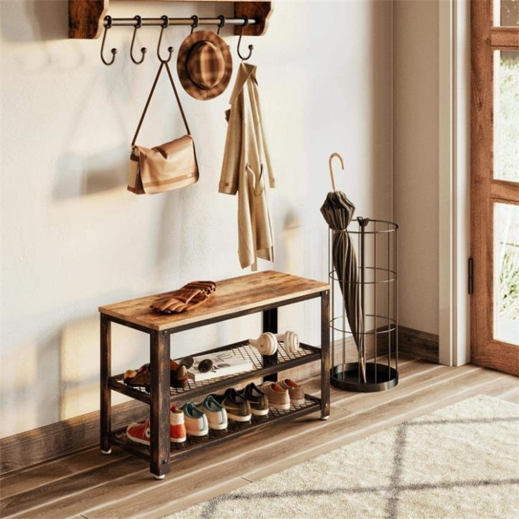 Rustic Brown Shoe Bench 3-Tier Shoe Rack Storage Entry Bench with Mesh Shelves Foyer Bench Wood Seat