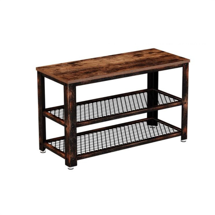 Rustic Brown Shoe Bench 3-Tier Shoe Rack Storage Entry Bench with Mesh Shelves Foyer Bench Wood Seat