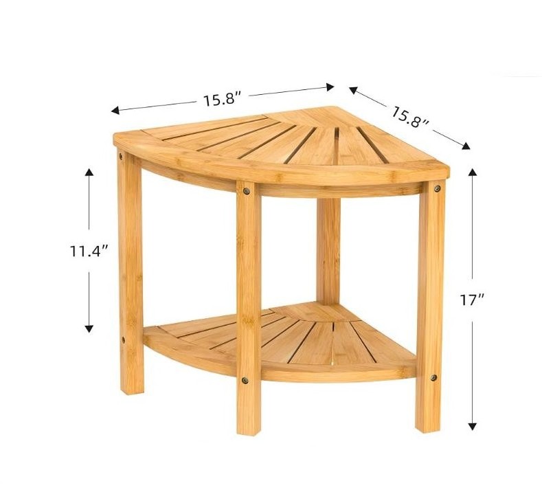 Bamboo Corner Seat Bath Small Corner Table Wooden Corner Shower Bench Shower Stool with Storage Shelf