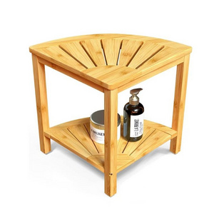 Bamboo Corner Seat Bath Small Corner Table Wooden Corner Shower Bench Shower Stool with Storage Shelf