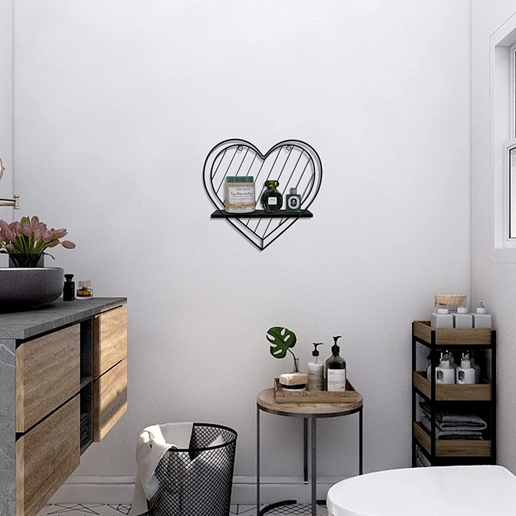 custom industrial heart metal ironwall shelf Wall Mount hanging storage floating shelves for office kitchen bathroom bedroom