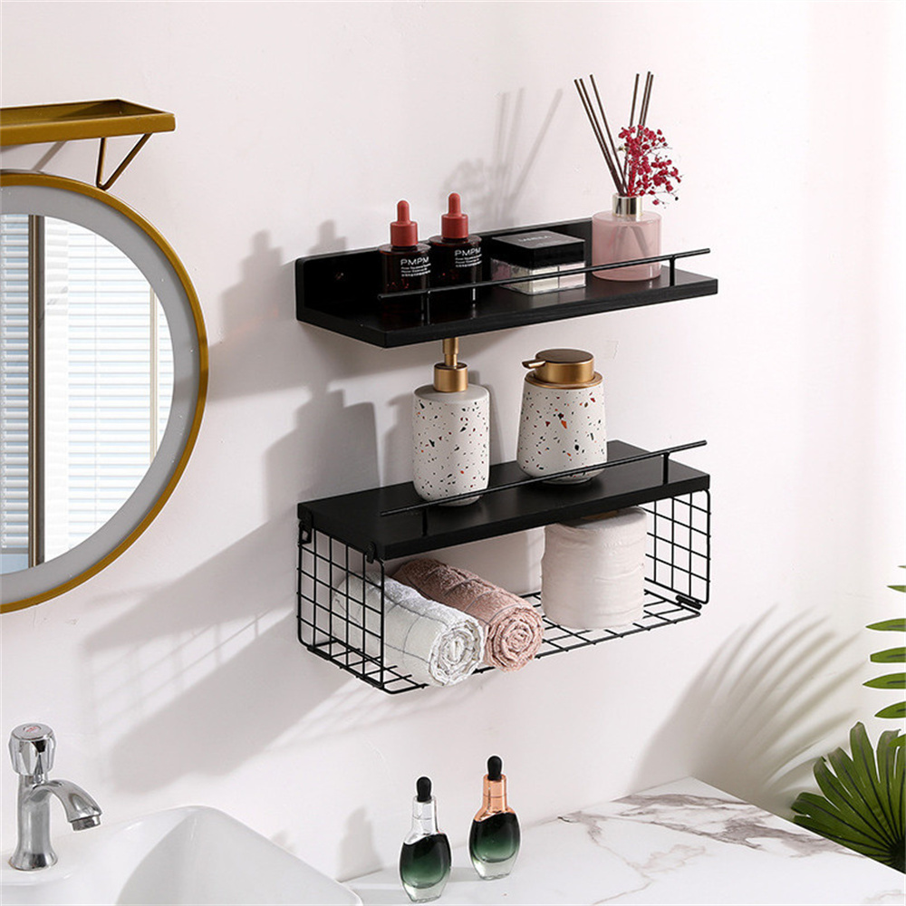 Bathroom Storage Shelf Perforation-Free Wall Hanging Multi-Functional Hot Selling Rustic Floating Wood Shelves Iron Corner