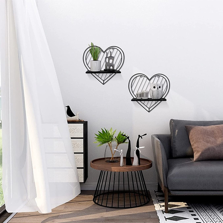 custom industrial heart metal ironwall shelf Wall Mount hanging storage floating shelves for office kitchen bathroom bedroom