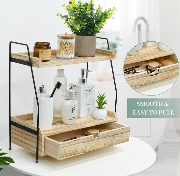 Wood Bathroom Counter Organizers Shelf with Drawer Cosmetic Storage Standing Vanity Tray for Bathroom