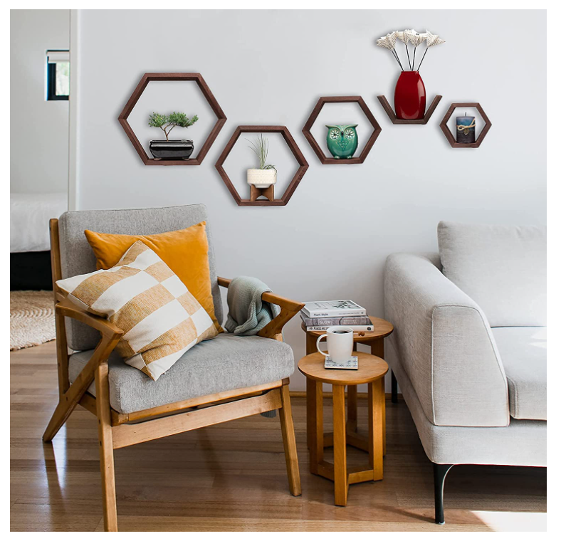 Modern Living Room Hexagon Decorative Shelf Wooden Wall Display Shelf Floating Wooden Storage Rack