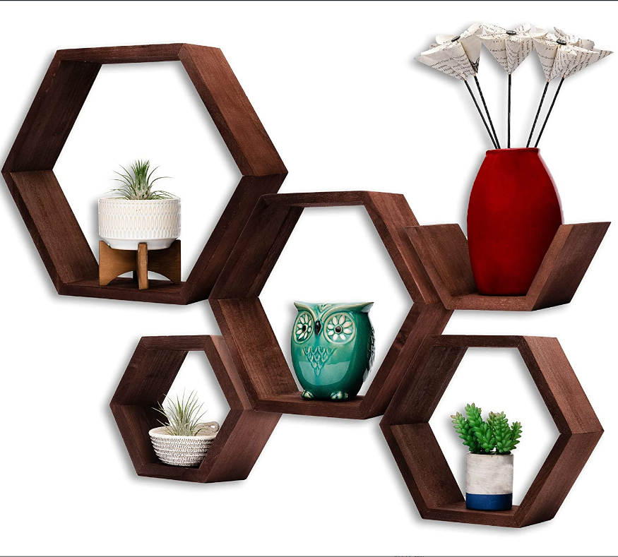 Modern Living Room Hexagon Decorative Shelf Wooden Wall Display Shelf Floating Wooden Storage Rack