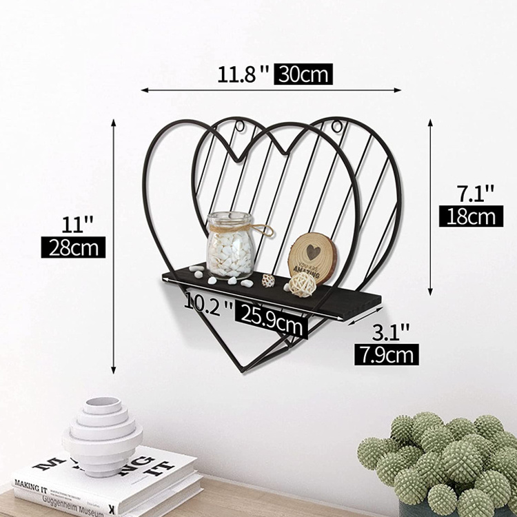 custom industrial heart metal ironwall shelf Wall Mount hanging storage floating shelves for office kitchen bathroom bedroom