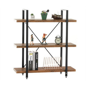 3-Tier Bookcase Vintage Industrial Metal Display and Storage Tower Dark Brown Wood Bookshelf for Home Office