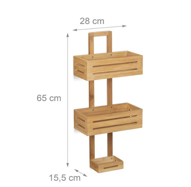 Wall Mount Wooden Rack with 3 Shelves Shower Baskets Hanging Bathroom Bath Caddy