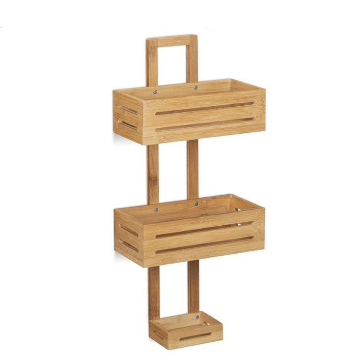 Wall Mount Wooden Rack with 3 Shelves Shower Baskets Hanging Bathroom Bath Caddy