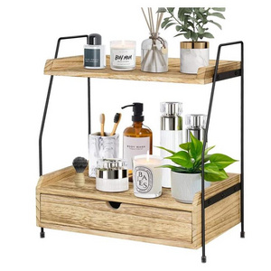 Wood Bathroom Counter Organizers Shelf with Drawer Cosmetic Storage Standing Vanity Tray for Bathroom