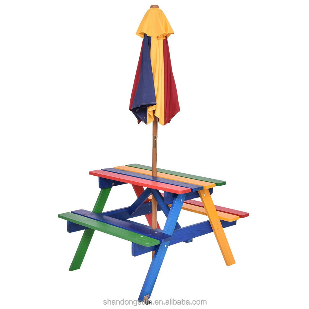 Kids Children Garden Picnic Table Bench W/ Umbrella Wooden Rainbow Parasol Set Outdoor table