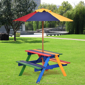 Kids Children Garden Picnic Table Bench W/ Umbrella Wooden Rainbow Parasol Set Outdoor table