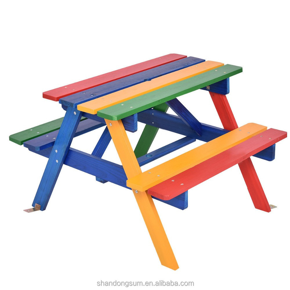 Kids Children Garden Picnic Table Bench W/ Umbrella Wooden Rainbow Parasol Set Outdoor table